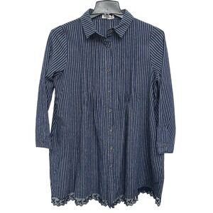 Buykud Womens Size Large Cotton Shirt Dress Pockets Blue‎ & White Boho Revival